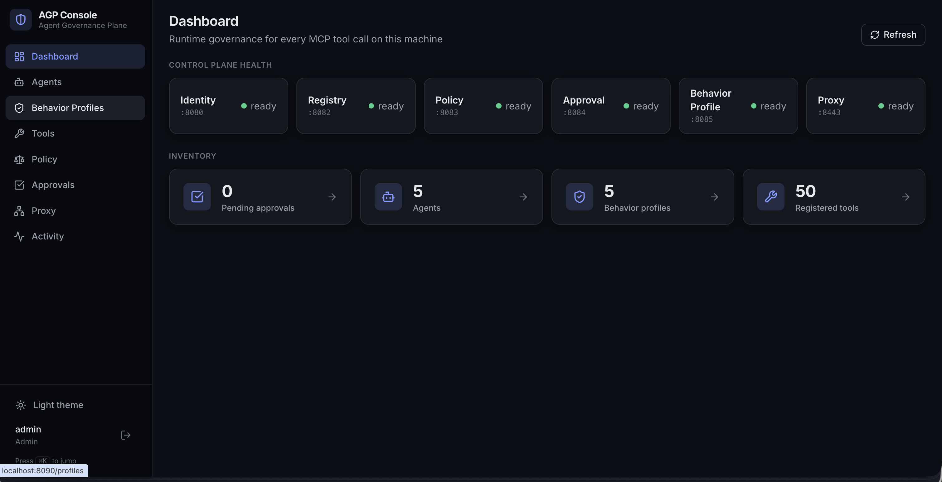 AGP Dashboard — control-plane health and inventory