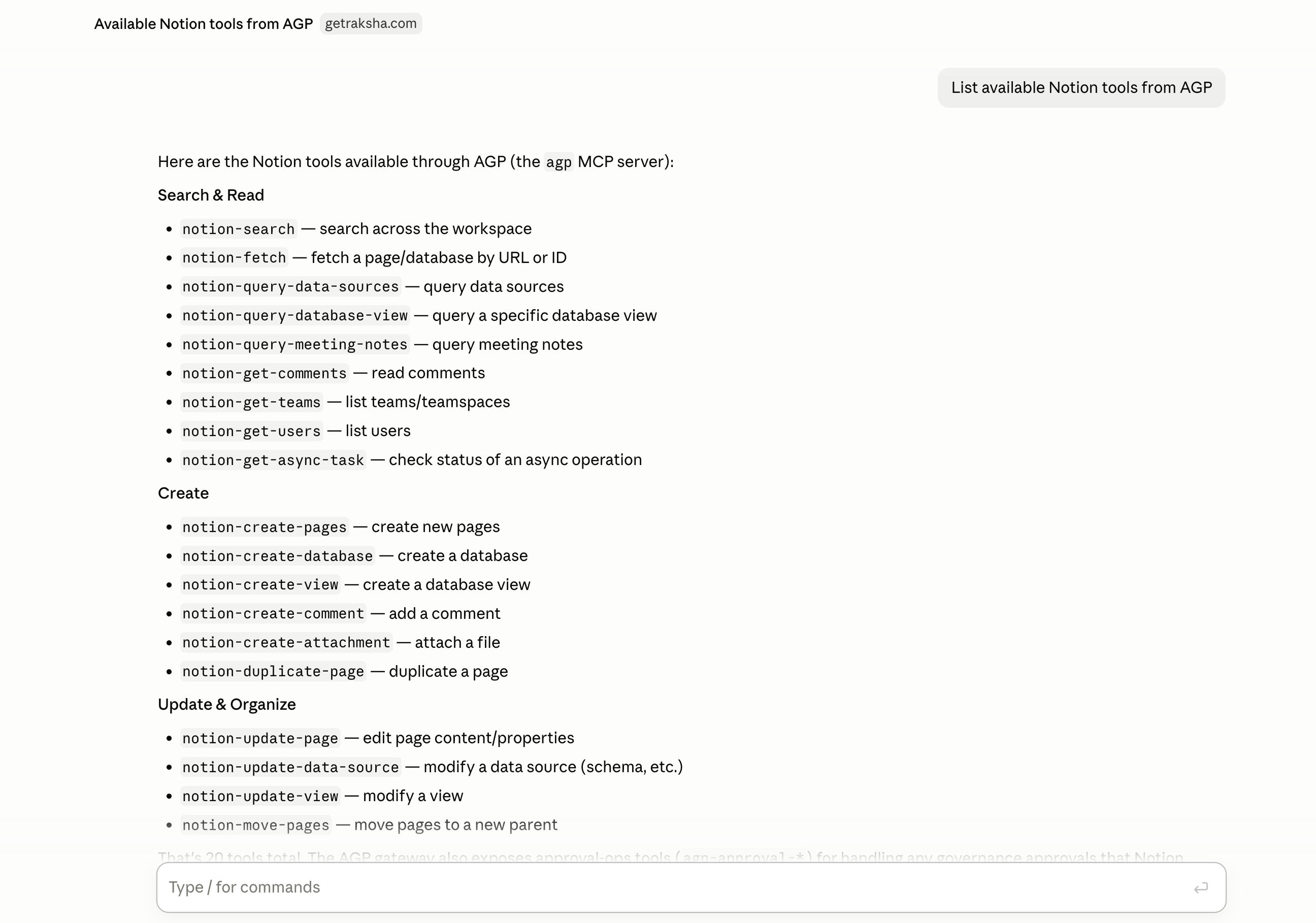 Claude Desktop listing the Notion tools it received through AGP — no credential, no consent, just the granted envelope