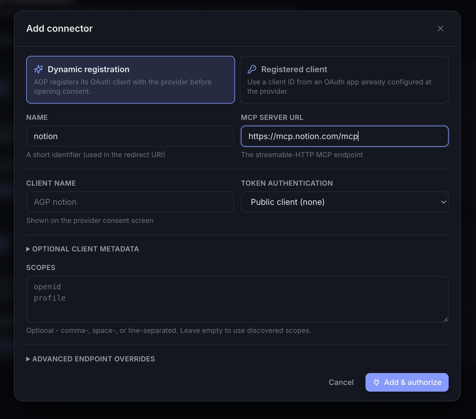 Add connector — Dynamic registration mode with name and MCP Server URL filled for Notion