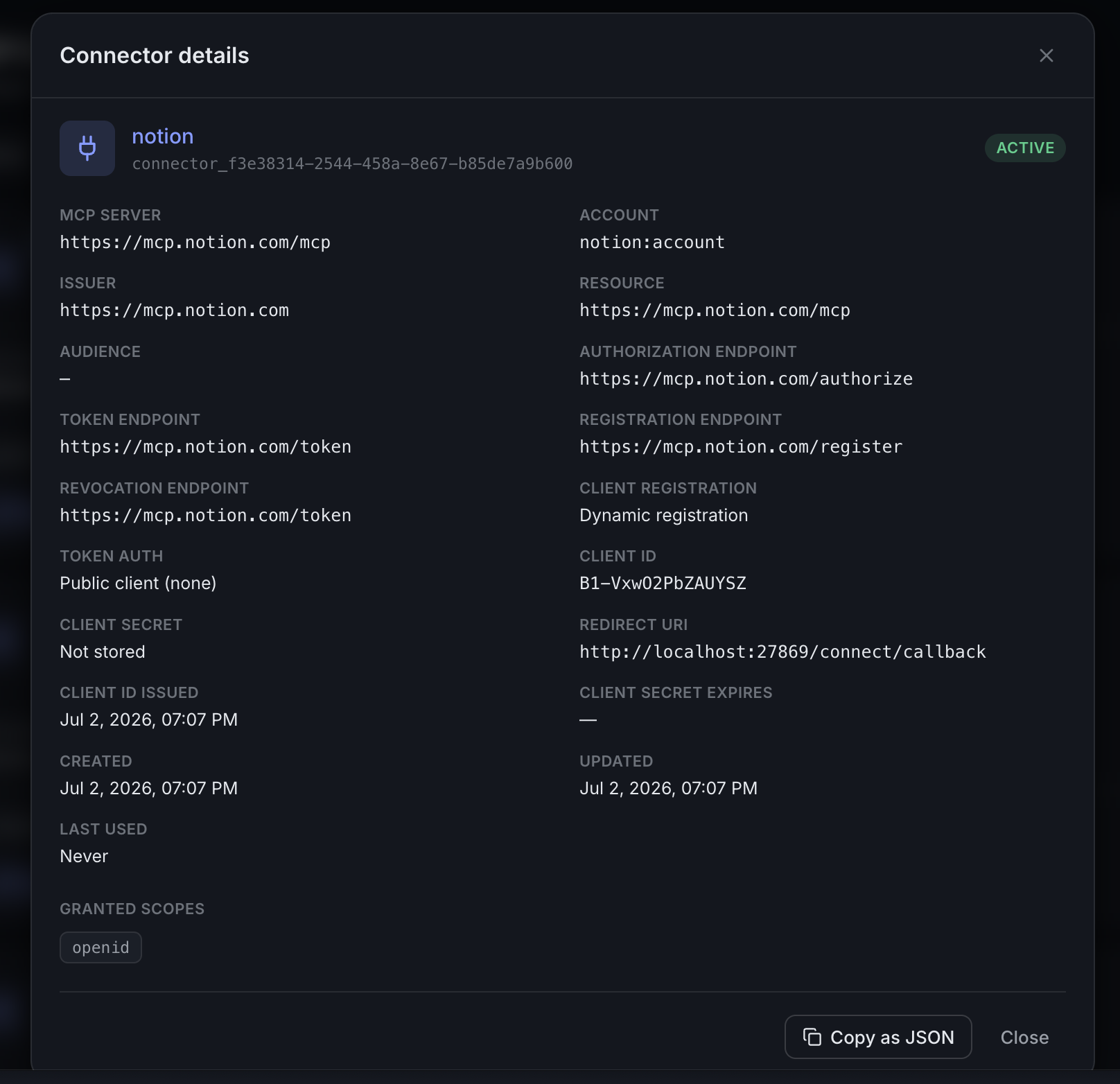 Connector details — discovered endpoints, DCR-issued client, sealed secret status, granted scopes