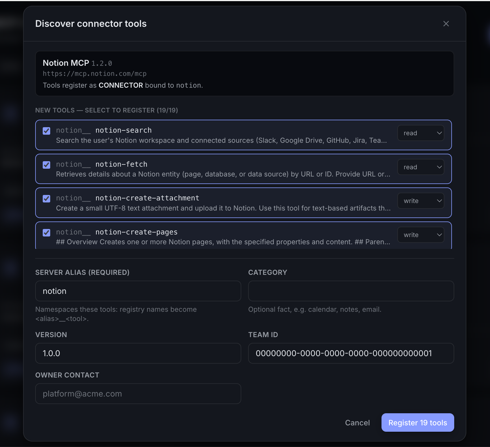 Discover connector tools — select which of Notion's 19 tools to register, each with a read/write operation fact