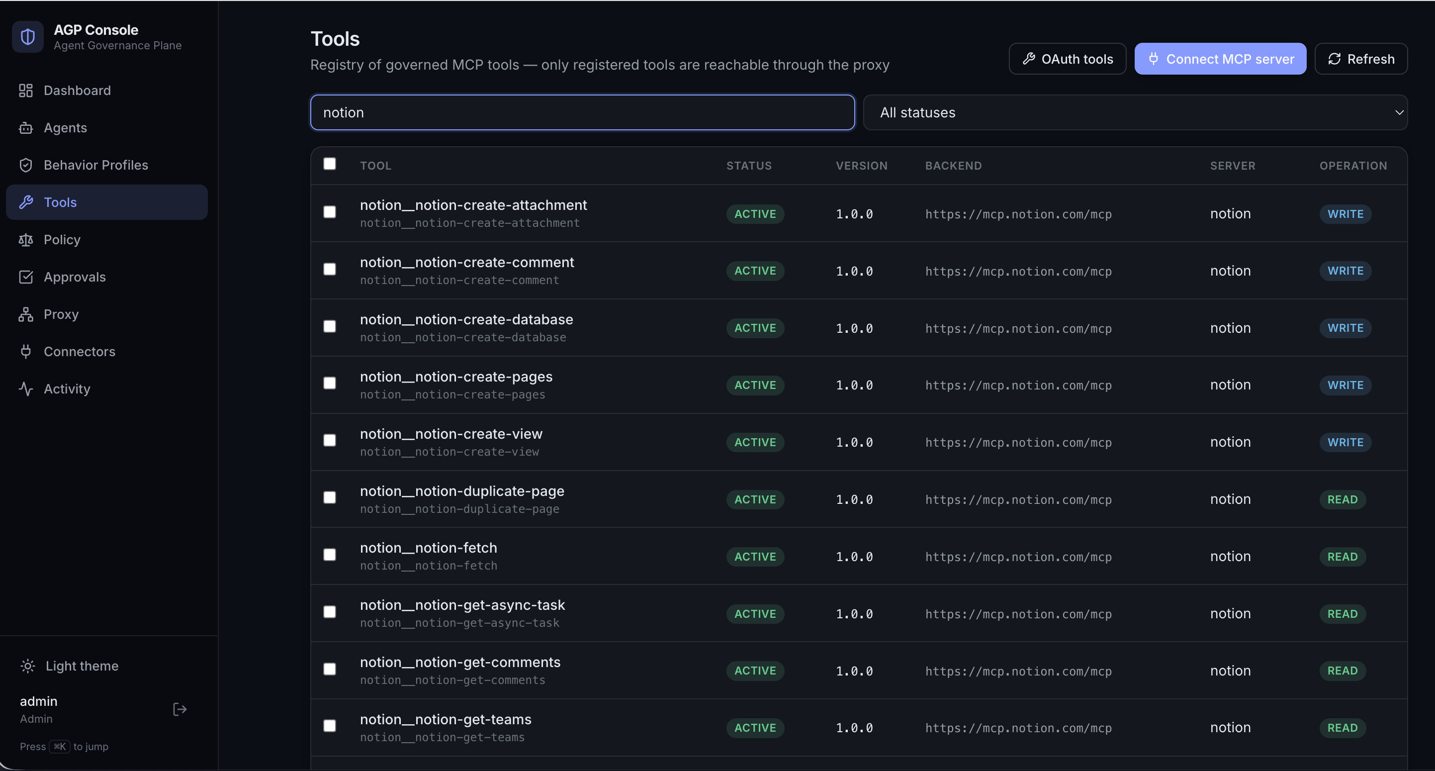 Tools view — Notion tools onboarded into the governed registry under the notion alias